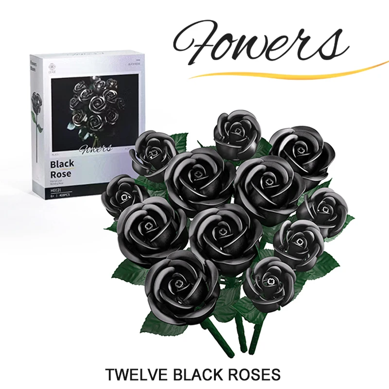 

Букет черных роз, строительные блоки, игрушки, домашний декор, искусственные цветы, украшения, цветы, кирпичи, модель, подарки на Хэллоуин, Рождество