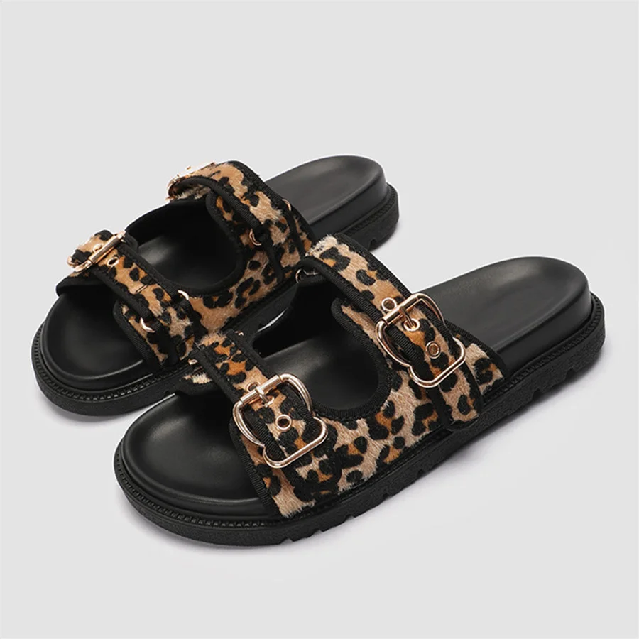 Fashion Leopard Print Women Slippers Summer Thick Sole Platform Sandals Buckles Ladies Horsehair Flat Beach Slides Big Size 43