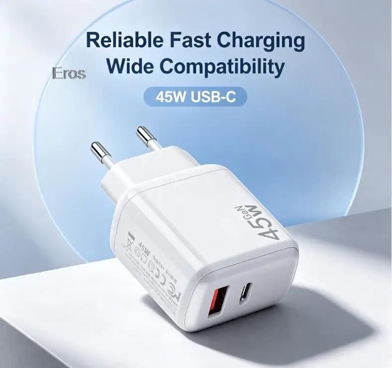45W GaN 2‑Port USB‑C Compact Fast Wall Charger PD QC3.0 Power Adapter EU US Plug For iPhone Samsung Xiaomi Type‑C Phone Charger