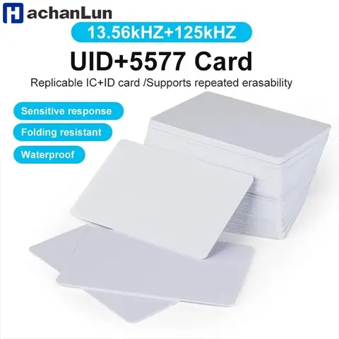 10pcs 듀얼 주파수 RFID 13.56MHz UID + 125KHz T5577 재기록 가능한 흰색 카드 액세스 제어 듀얼 칩 복제 가능한 복합 태그