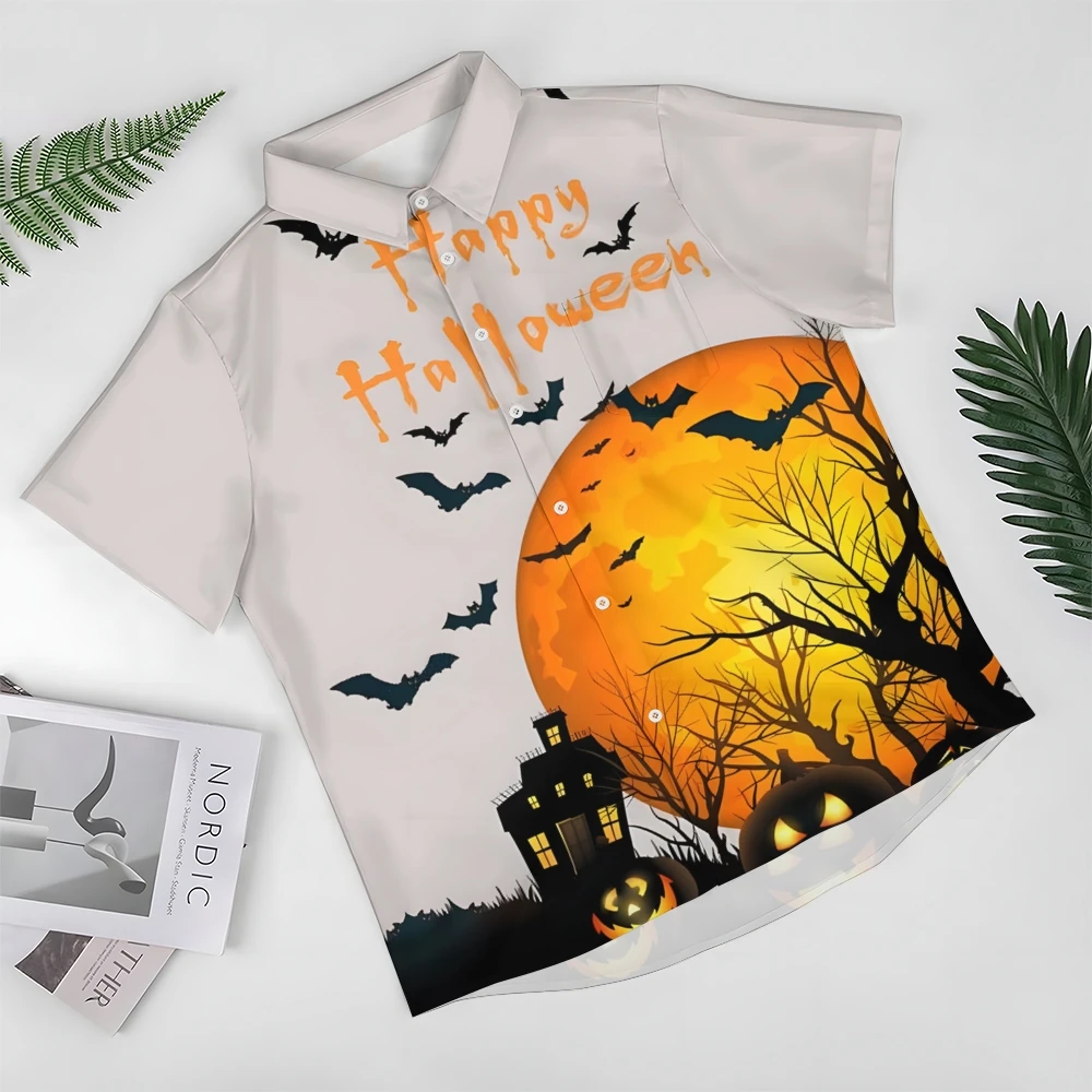 Vacation Style Men's Sunset Seaside Hawaiian Halloween Pumpkin Print Casual Loose Handsome High Quality Fabric Beachwear