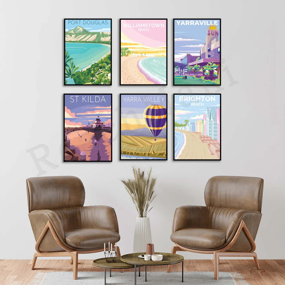 Melbourne St Kilda Wharf, Cottesloe Beach, Sorrento Victoria, Puerto Douglas. Queensland, cartel de paisaje de Yarra Valley Australia
