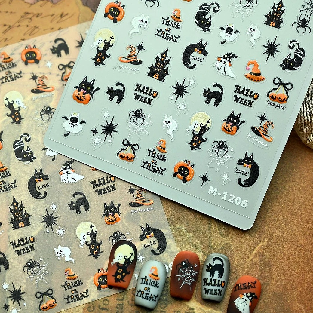 

Halloween Black Cat Ghost Castle Skeleton Spider Web Candle Pumpkin Biscuit Donut Cone Apple Candy Moon Nail Art Stickers Decals