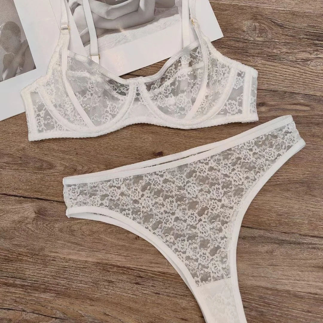 French sexy lingerie suit thin transparent lace lingerie big breasts small anti-sagging bra set ultra-thin lingerie panty set