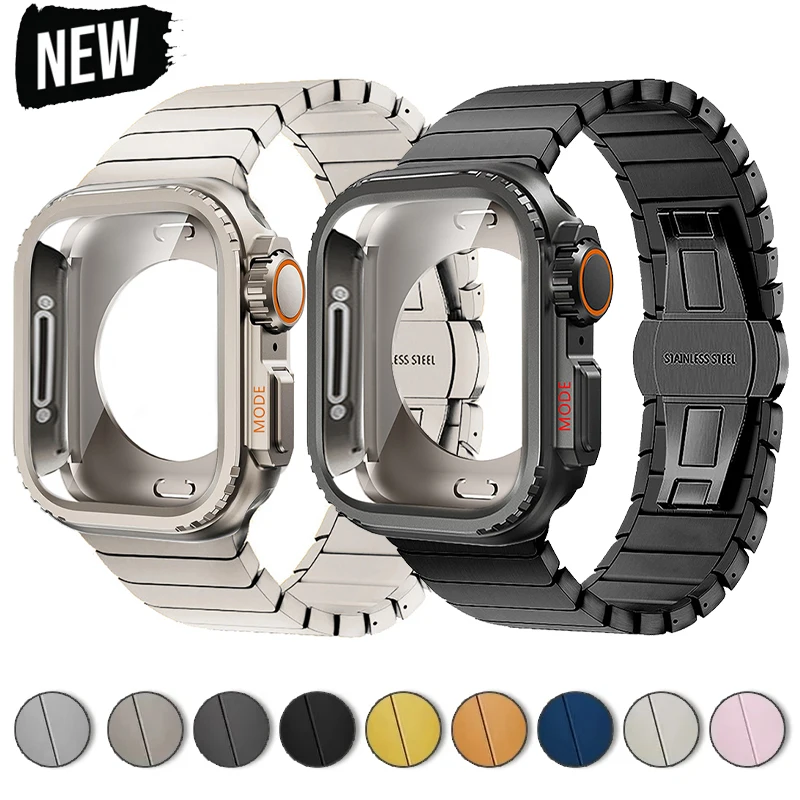 

Strap+Case for Apple Watch Ultra 2 49mm 45mm 44mm Metal Stainless Steel Band Protective Shell Cover Iwatch Series 9 8 7 6 SE 5 4