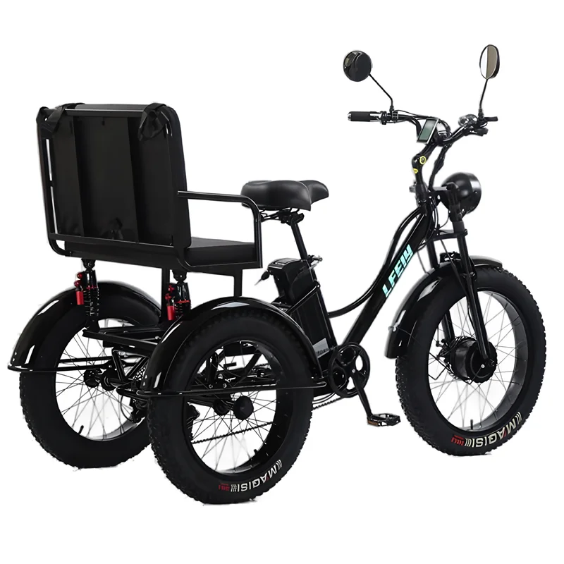 Fat Tire Elektro-Dreirad für Erwachsene mit Rücksitz/sicherem Gürtel, 750 W, leistungsstarkes Mountain Snow-Elektrofahrrad, E-Bike mit Telefonhalter