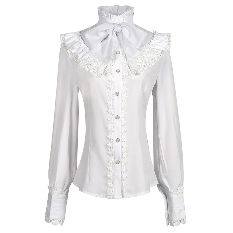 Gothic Retro Long Sleeve Shirt Long Sleeved Lace Ruffled Bow Neckline Lolita White Shirt Top Victorian Button Top Office Shirt