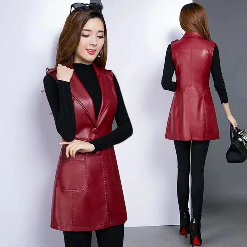 

2024 New Faux Leather Vest Women's Clothing Autumn Jacket Korean Solid Sleeveless Vest Mid Long Coat Female Waistcoat Outerwear