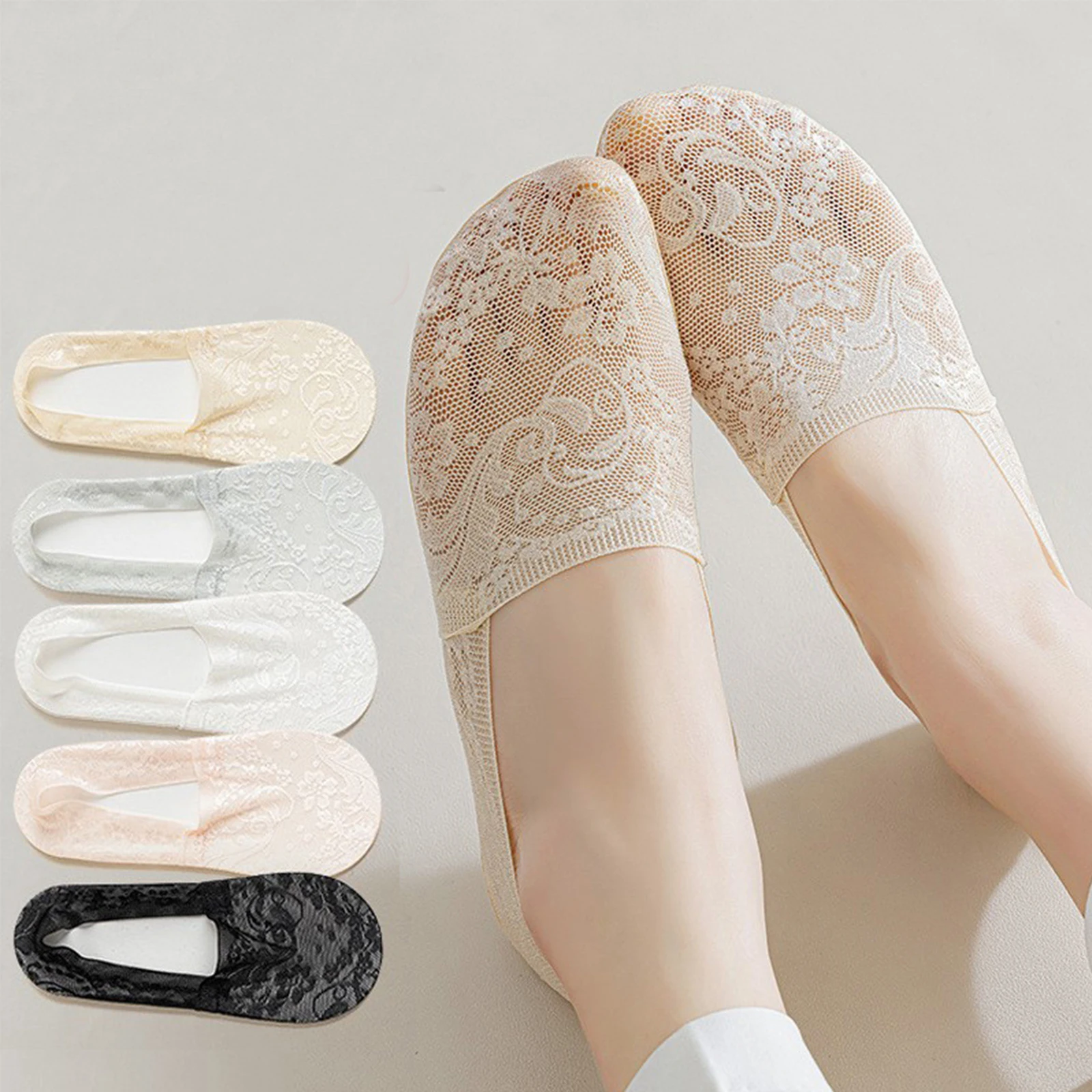Basic Lightweight Lace Short Socks Breathable Wicking No-Show Socks for Lady Casaul Comfortable Anti-slip Low-cut Socks 5Pairs