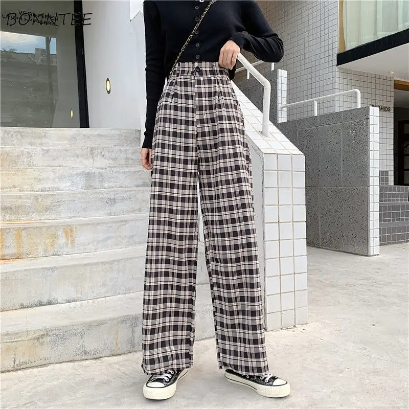 

Plaid Pants Women Fashion Preppy Style Casual Streetwear Straight Loose Harajuku Vintage Wide Leg Pant Y2k Youthful All-matching