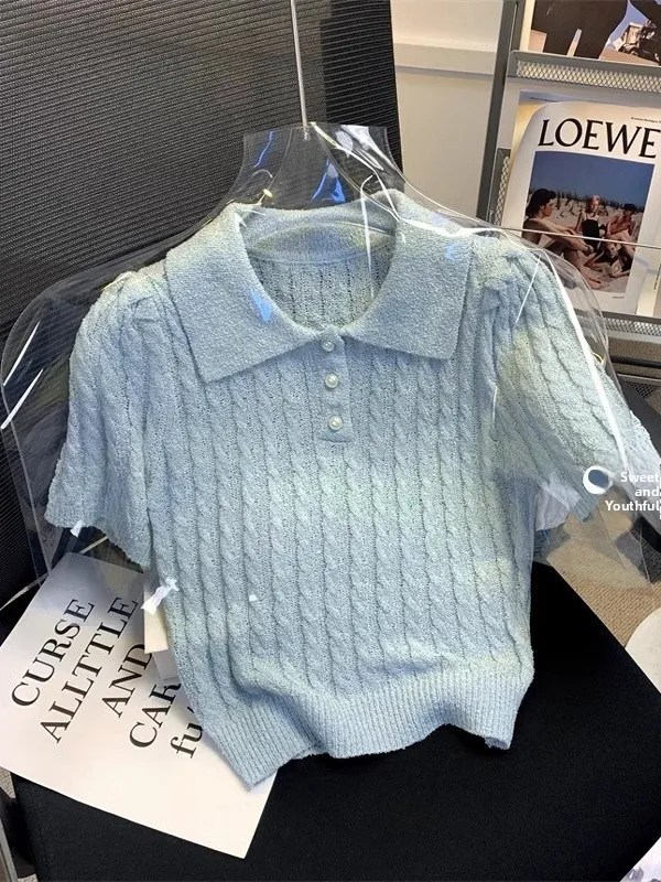 

Синяя вязаная футболка с коротким рукавом и рукавами-фонариками, женская летняя модная футболка в стиле «маленький аромат», с регулируемой шириной плеч