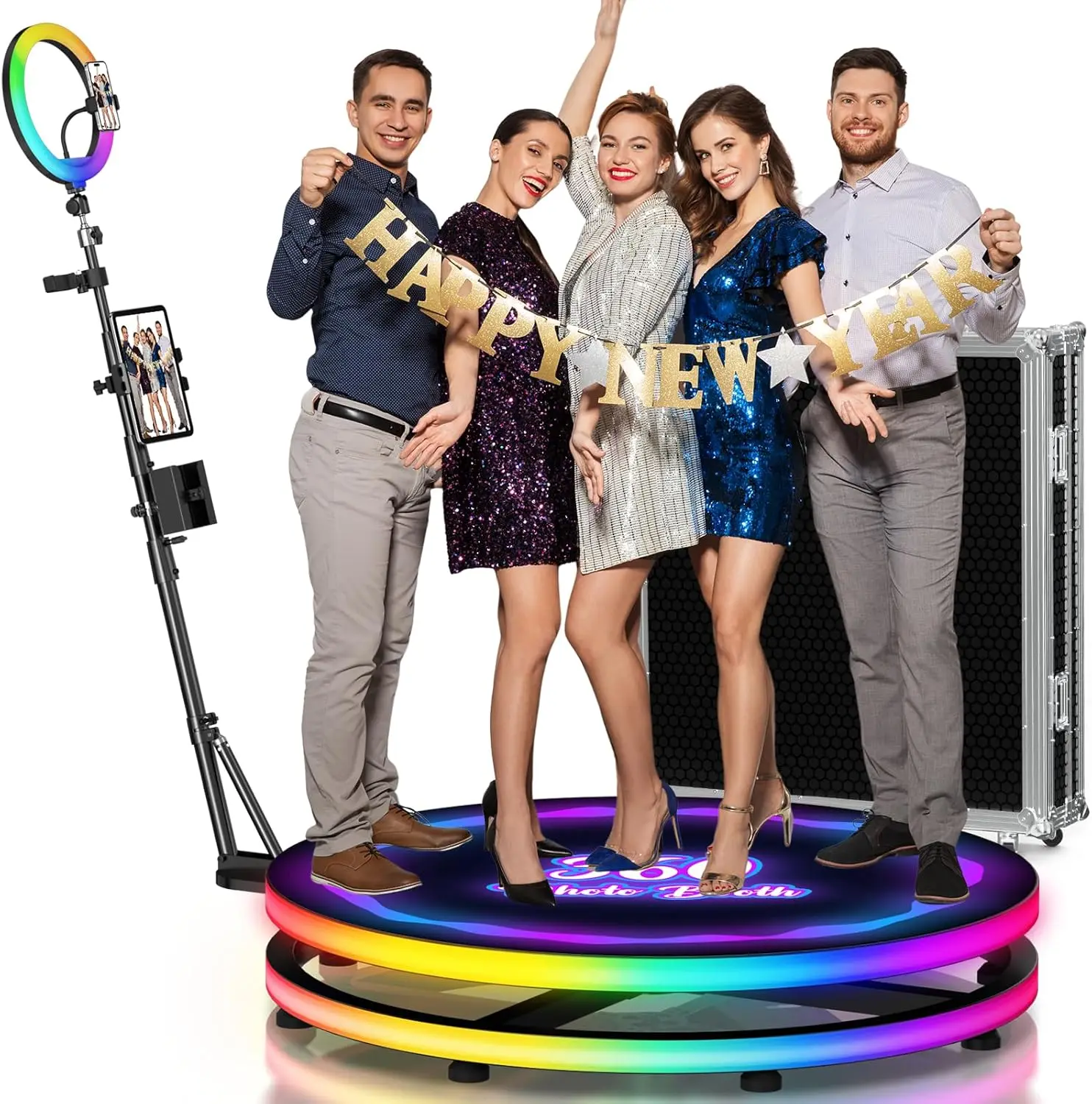 

115CM Size For 5~8 People 360 Photo Booth Roating Platform APP Remote Control With RGB Ring Light For Parties Events With Case