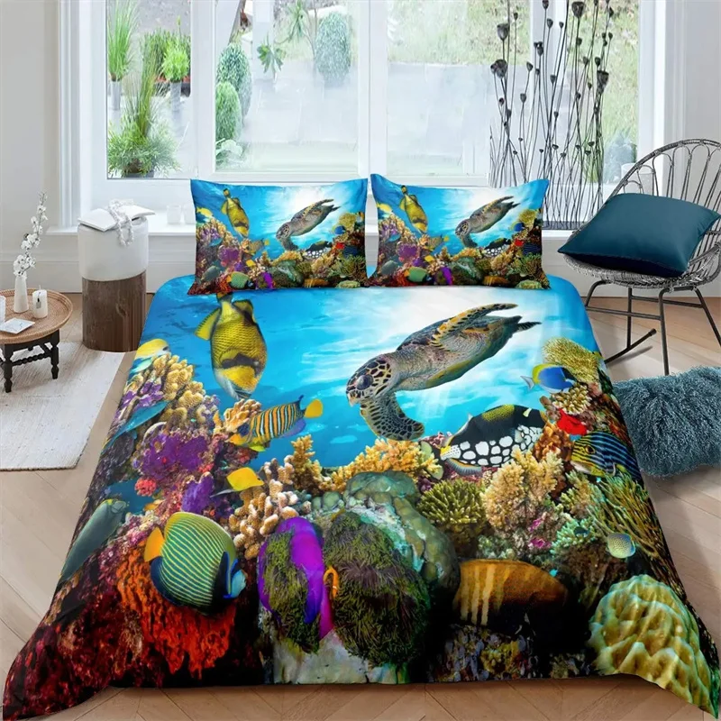 Sea Turtle Duvet Cover Underwater World Themed Marine Life Bedding Set for Women Teen Boys and Girls Gift for Bedroom Decoration