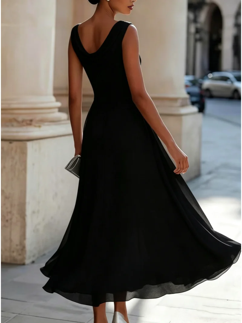 Women's Sleeveless Cowl Neck A Line Chiffon Midi Dress for Cocktail Party and Wedding Guest