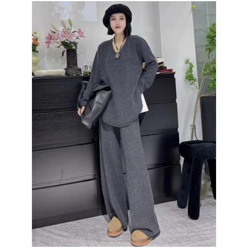 Autumn Winter Cashmere Sweater Sets Women Suit V-Neck Knit Pullover Fashion Straight Wide Leg Pants Luxury Knitted Two-Piece Set