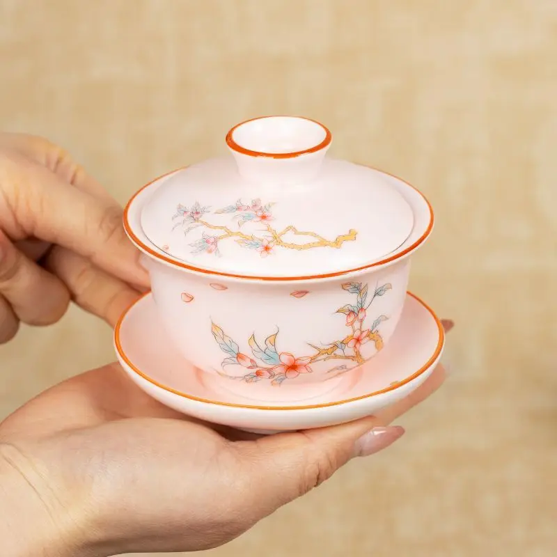 Famille-Rose Porcelain Gaiwan for Solo Use, Ru-Kiln Tea Tureen with Soft Glaze, Elegant Single Cup for Personal Tea Rituals