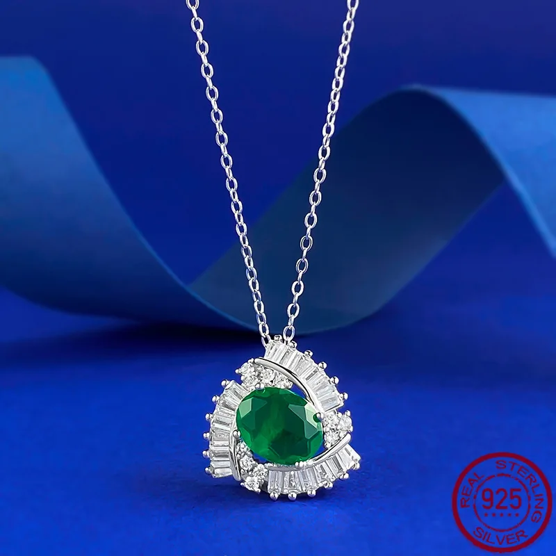 New S925 Silver Emeralds 8 * 10 Necklace European and American Pendant Female 40+5cm Wedding Jewelry