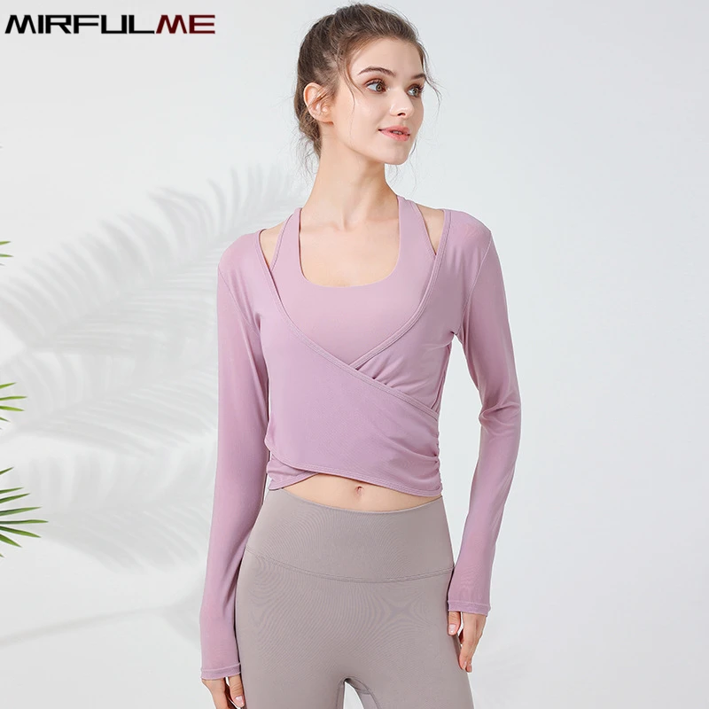 Women Yoga Shirts Long Sleeve T-shirt Thin Mesh Breathable Running Sport Sweatshirts V-Neck Gym Fitness Tops Blouse Smock Female