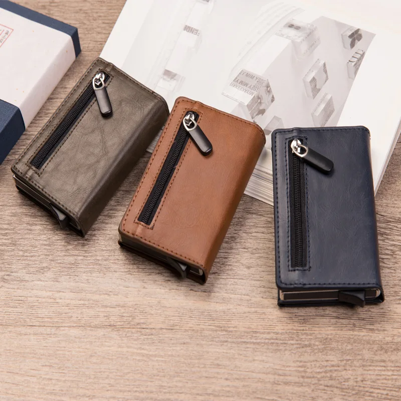 

Vintage Antitheft Men Credit Card Holder Blocking Rfid Wallet Leather Unisex Security Information Aluminum Metal Purse fashion