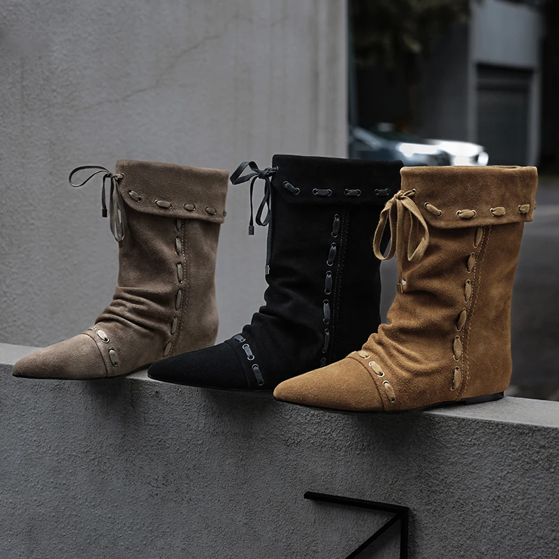 

Women's Western Cowboy Casual Boots - Full Genuine Leather Wide Shaft Braided Lace-Up Fashion Boots