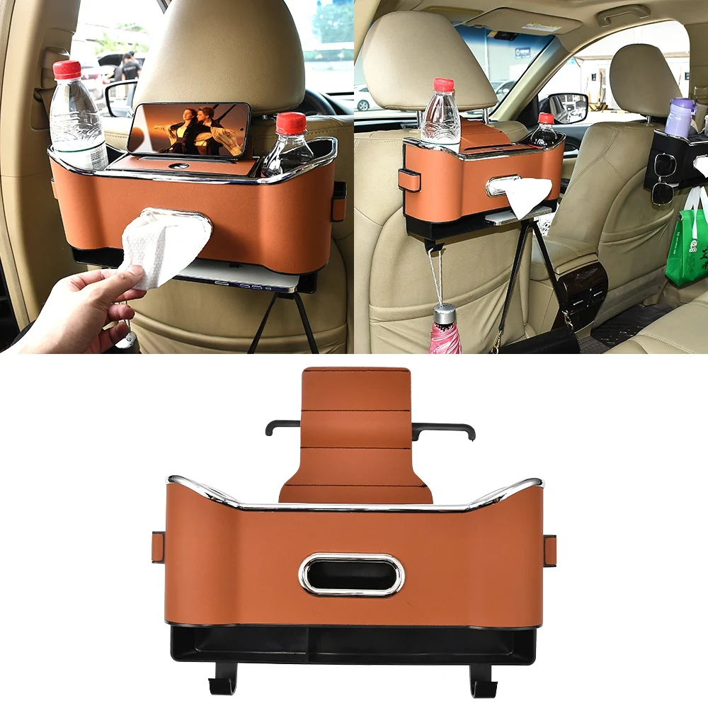 Car Backseat Organizer, Headrest Tissue Box with Cup Holder, Seat Back Storage Box Drink Holders,  Phone Stand Bottle Mount