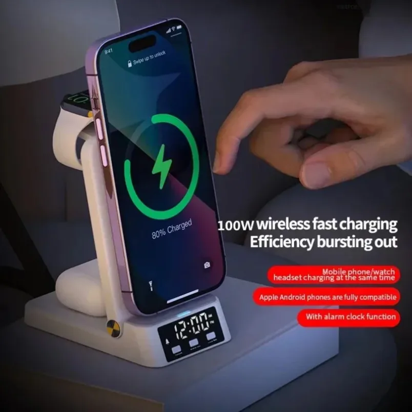 安全なワイヤレス充電ステーション-4-in-1-アラームクロック付き-デュアルコイル多重保護-滑り止め-iphone-watch-airpods対応