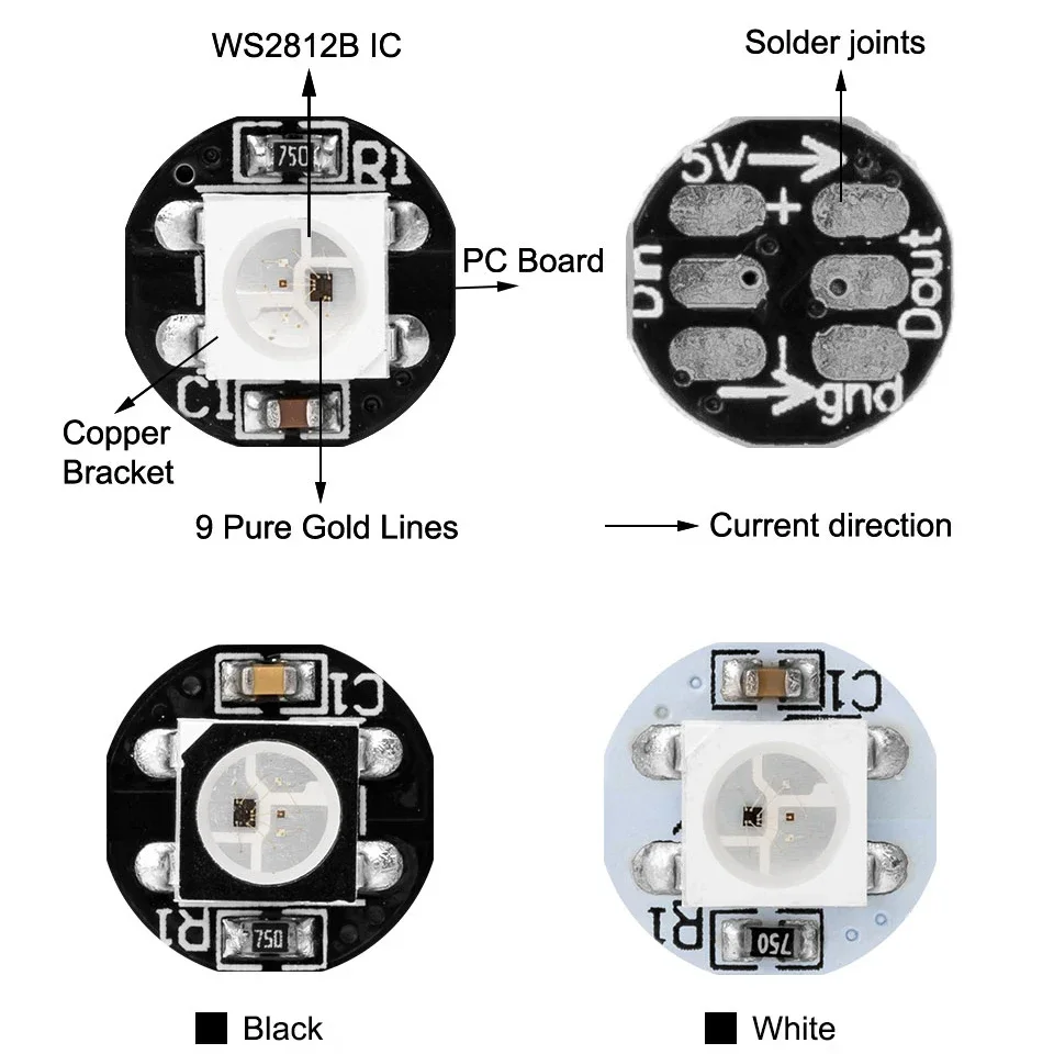 DC5V WS2812B LED Chip with Heatsink Board Individually Addressable WS2811 IC 5050 SMD RGB LED 10x3mm Black/ White PCB 50-100Pcs