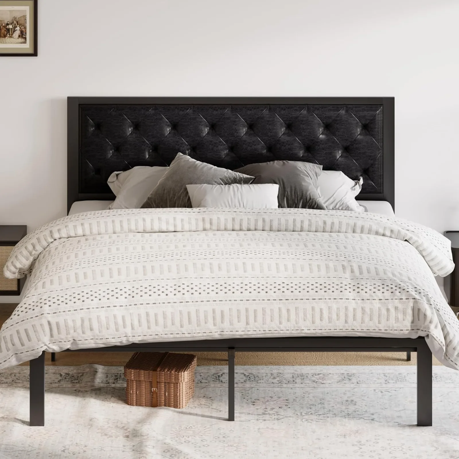 

US King Bed Frame with Faux Leather Upholstered Headboard, Chic Diamond Stitched Tufted Design, No Box Spring Needed,