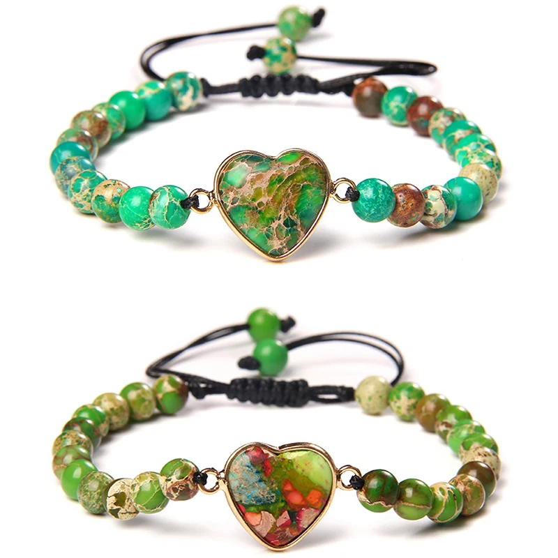 Zielone bransoletki z koralików cesarskich regulowany kształt serca urok plecione bransoletki kobiety mężczyźni ręcznie robione bransoletki biżuteria prezent dla przyjaźni