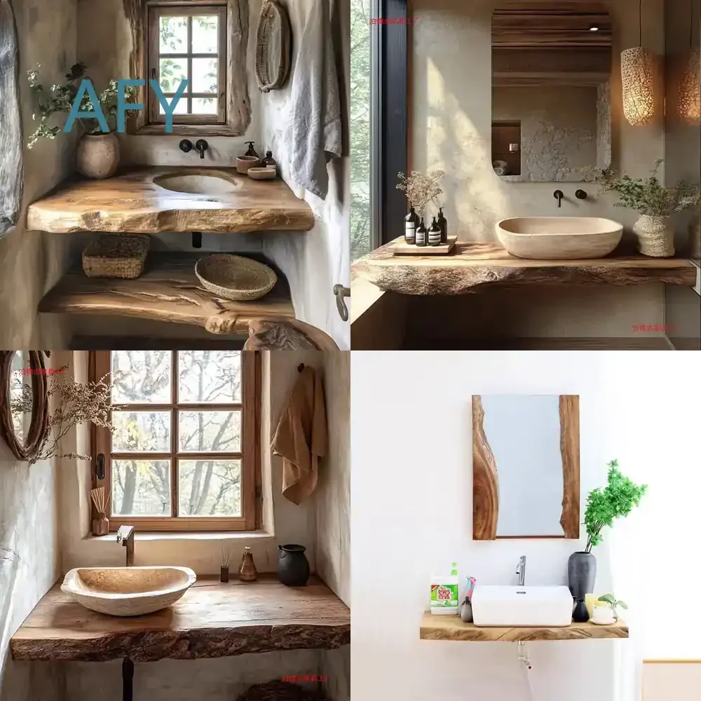 Rustic Wooden Wash Basin Vanity for Bathroom Mirror Shelf Wall Mounted Sink Cabinet for Hotel Guesthouse Minimalist Wabi Sabi