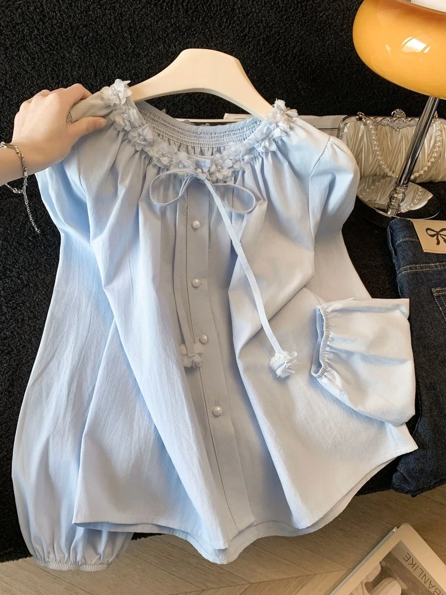 

Korean Sle Long Sve irt Women's Spring Casual Loose Top with Bule Decorated 3D Flower irt Girl's Faion Sense