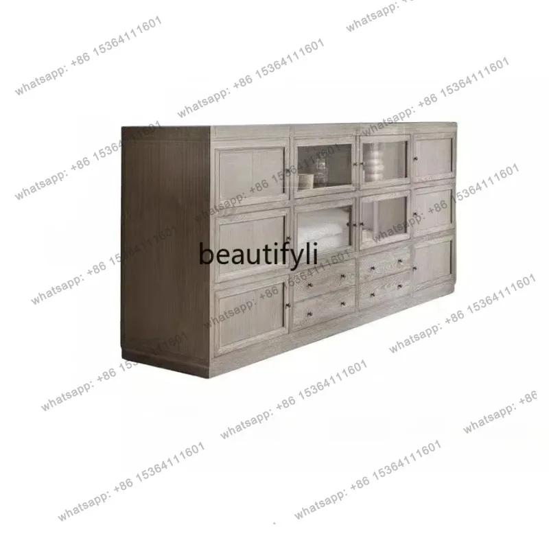 

American retro solid wood dining side cabinet antique and old glass sideboard living room entrance cabinet