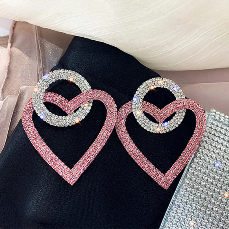 Green Pink Heart Crystal Earrings for Women Oversize Circle Rhinestone Drop Earrings Statement Accessories Gifts