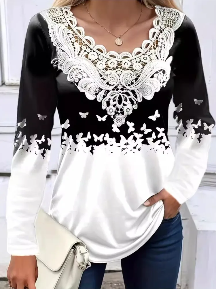 

Casual Lace Print T Shirt Top Lady Fashion Boho O Neck Long Sleeve Loose Tshirts Tops For Women Spring Autumn Womens Clothing