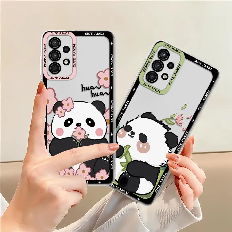 Cute Panda Pink Phone Case for Samsung Galaxy A35 A55A53 A54 A73 A34 A33 A25 A24 A13 A14 A15 Soft Transparent Cover