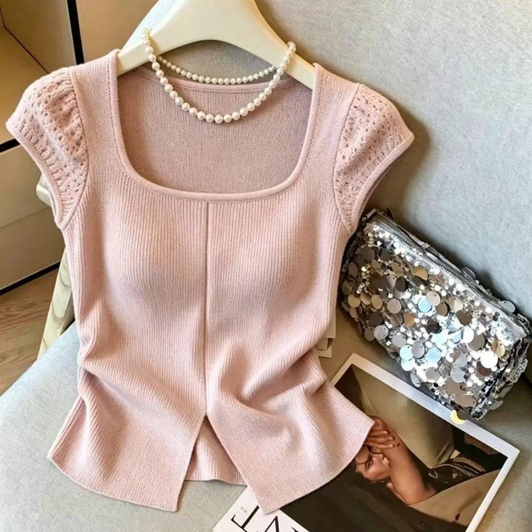 French Soft Style Pink Knit Top Square Neck Hollow Cap Sleeve Ribbed Fabric Front Split Hem Casual Daily Outfit