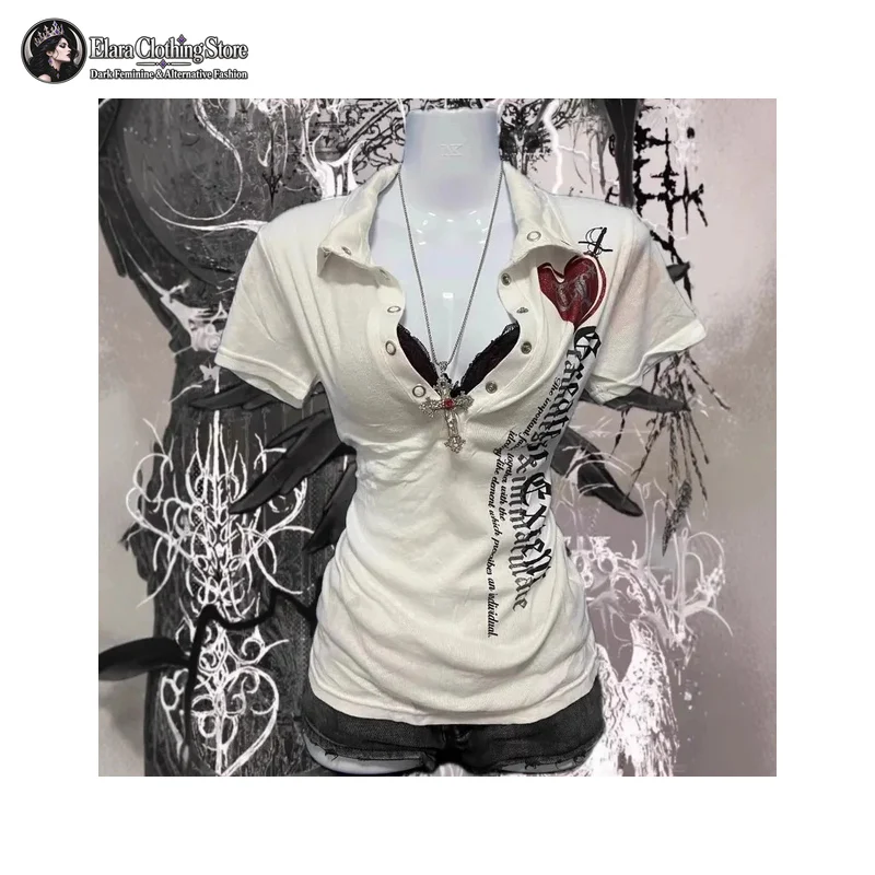 Y2k Gothic Letter Heart Print Short Sleeve T Shirt Womens Slim Fit Snap Collar Ribbed Knit Casual Fitted Graphic Pullover Top