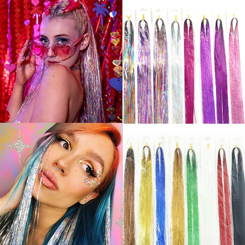 Long Sparkle Shiny  Hair Tinsel Kit Rainbow Women Colorful Glitter Bling Hair Extension Twinkle Hair Accessories for Braiding