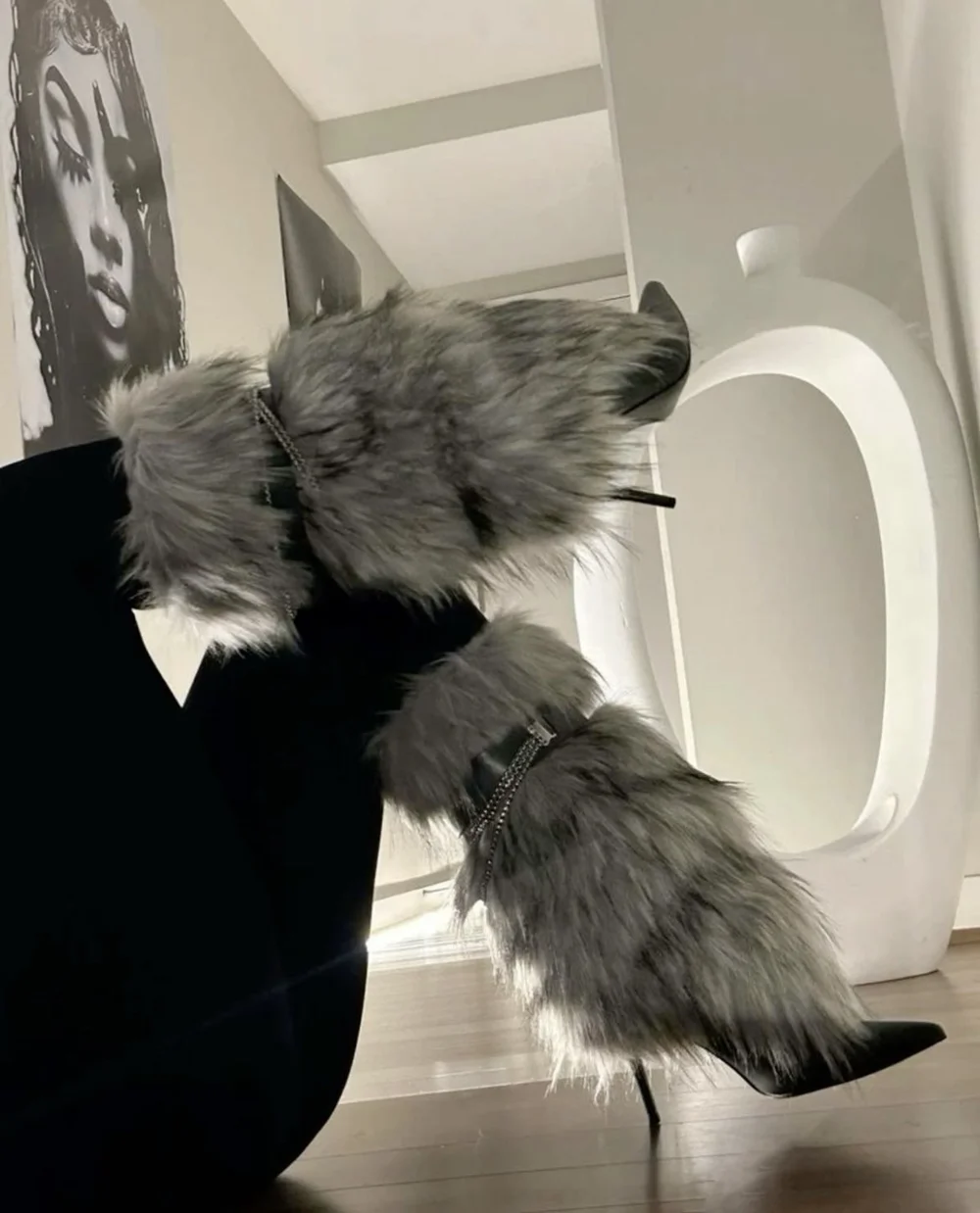 

Wolf-Grey Faux Fur Pointed Toe Over-the-Knee Boots Fashion Stiletto Heel Chain-Embellished Leather Straps Cool Street Looks