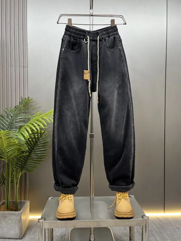 

Retro Waed Fce Lined Men's Winter Tall Loose Straight Leg Jeans American Casual Long Pants Youth Wear Comfortable Denim