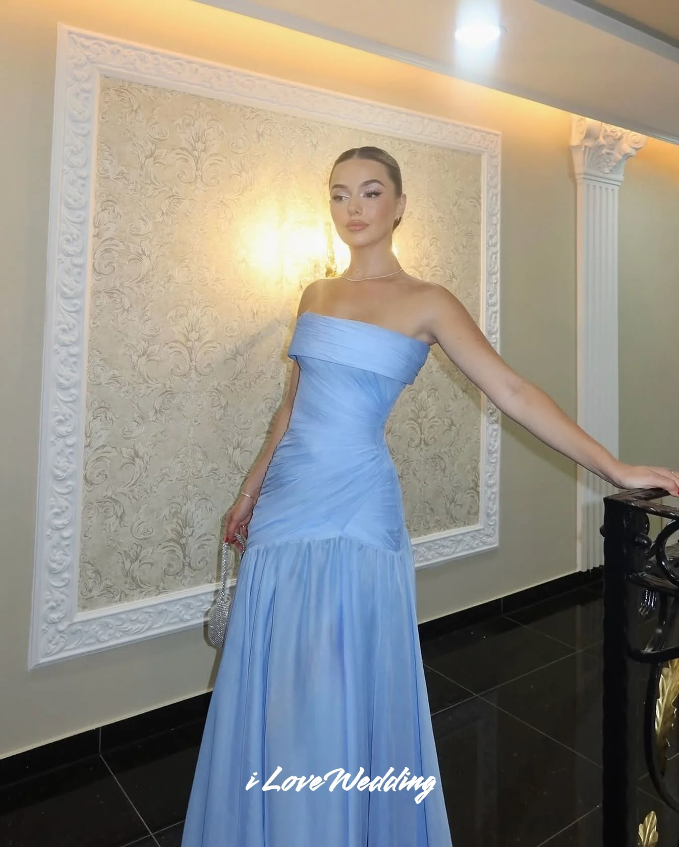 

Blue Prom Dress Strapless Sleeveless Backless A-line Floor-Length Pleated платье женское вечернее Customize