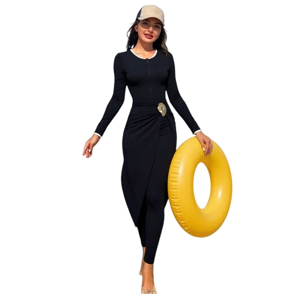 Black Modest Long Sleeve Swimsuit Full Coverage Burkini Set with Gold Buckle Female Bathing Suit Beachwear