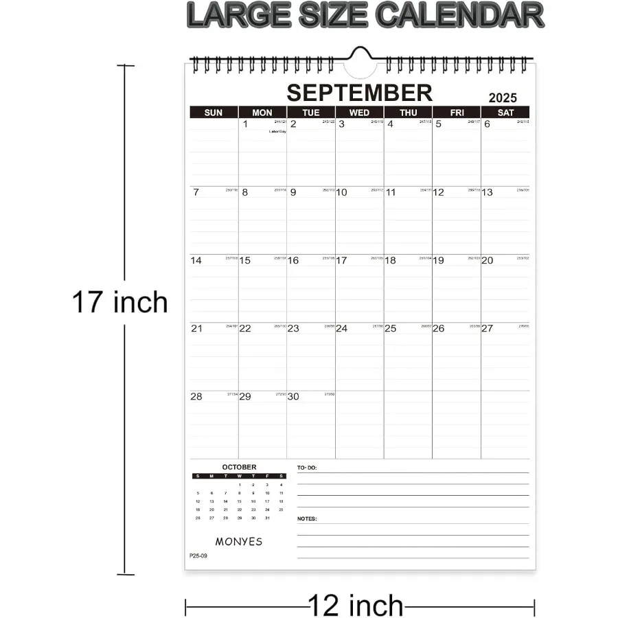 20252026 벽걸이 달력 17인치 x 12인치 학업용 달력 월간 달력 와이어 바인딩 및 걸이 고리 포함 대형 벽걸이 달력 책상용