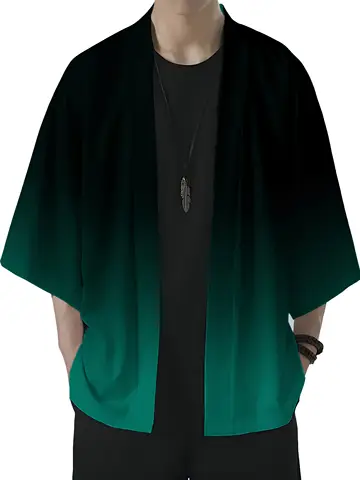 Men's Fashion Gradient Print Loose-Fit Kimono  Casual Summer Beachwear,Open Front, Lightweight Polyester Kimono Style Streetwear