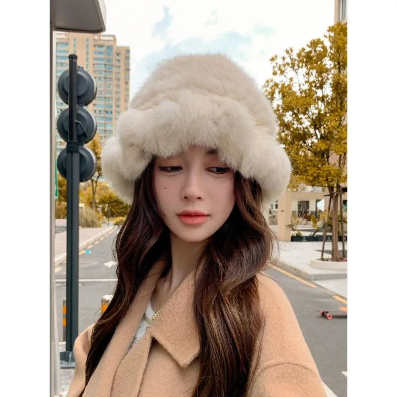 Rabbit fur hat female autumn and winter face small fluffy plush hat warm ear protection fur bucket hat big head circumference