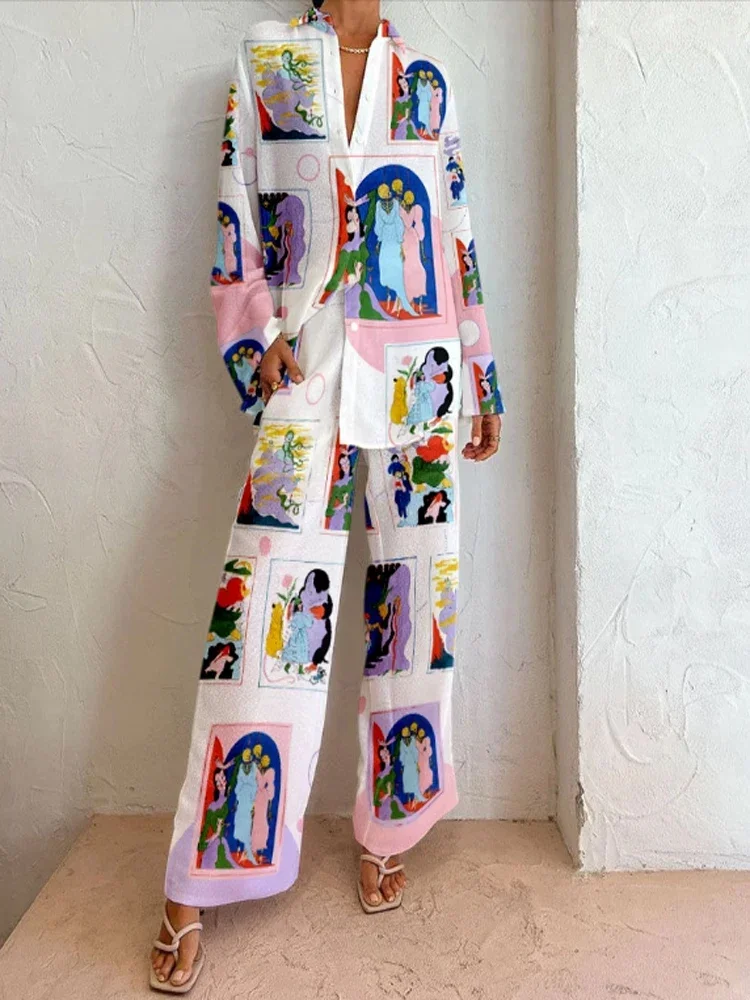 2024 New top Women's Single Breasted Lapel Short Sleeve Top and Wide Leg Trousers Set Print Shirt Pants Suit Outfits 2 Pcs Sets