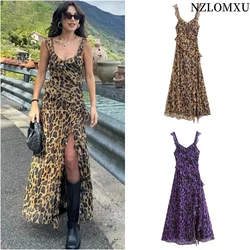 Woman Leopard Ruffle Dress Vintage Sleeveless Slip Long Dress Women Animal Print Midi Dress Backless Sexy Vacation Dresses