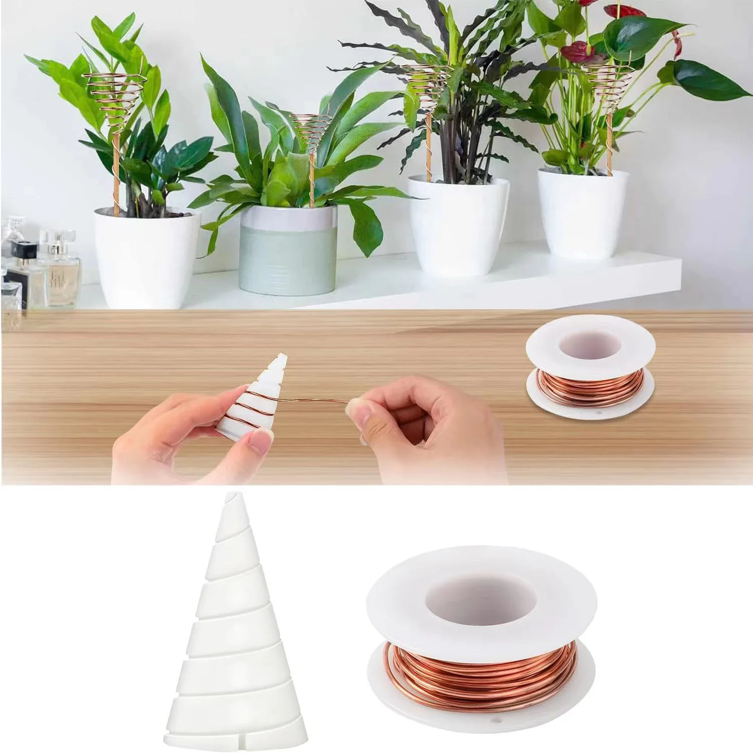 Gardening Copper Wire Antenna Jig Electrocultur Kit with 6 pcs Wooden Plant Stakes Antennas, Gauge 2.5 m Copper Wire, 2 pcs Jigs