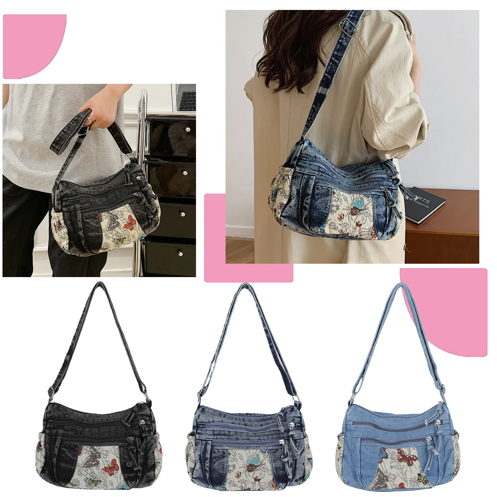 

Denim Shoulder Bag with Adjustable Strap Underarm Bag with Zipper Handbag for Women Work Shopping Travel