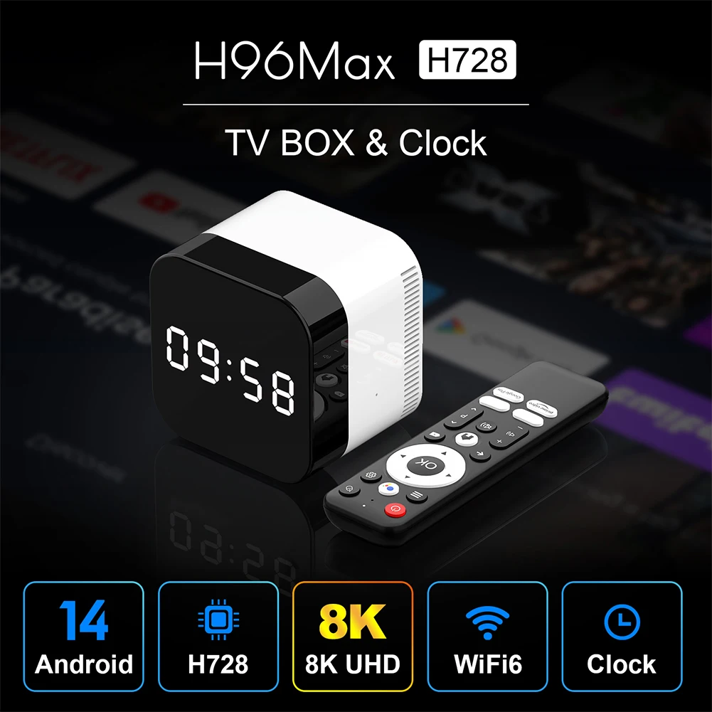 H96 max h728 caixa de tv inteligente android 14 atv caixa wifi 6 bt 5.x media player set top box 8k 4k @ 60fps 1000m/lan despertador caixa de tv